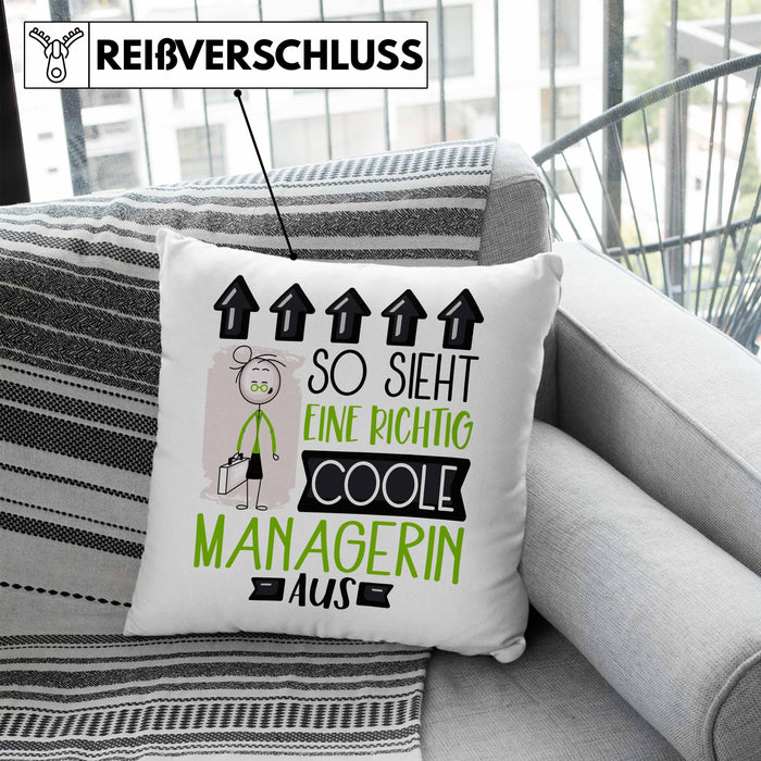 Managerin Geschenk Kissen mit Füllung 40x40 Lustig Geschenkidee für Managerin Geburtstag So Sieht Eine Richtig Coole Managerin Aus Frauen Spruch (Grau) Blau Trendation