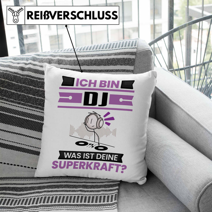 DJ Kissen mit Füllung 40x40 Geschenk für DJ Geburtstag Lustiger Spruch Was Ist Deine Superkraft (Grau) Blau Trendation