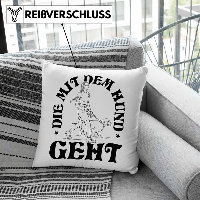 Die Mit Dem Hund Geht Kissen mit Füllung 40x40 Geschenk für Frauchen Hundebesitzerin Geschenkidee (Grau) Grau Trendation