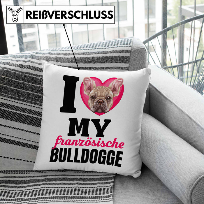 Französische Bulldogge Besitzerin Kissen mit Füllung 40x40 Geschenk Lustiger Spruch Geschenkidee I Love My Französische Bulldogge (Grau) Blau Trendation