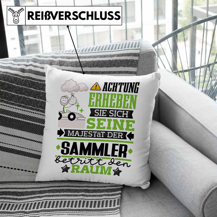 Sammler Geschenk Kissen mit Füllung 40x40 Lustiger Spruch Erheben Sie Sich Der Sammler Betritt den Raum (Grau) Blau Trendation
