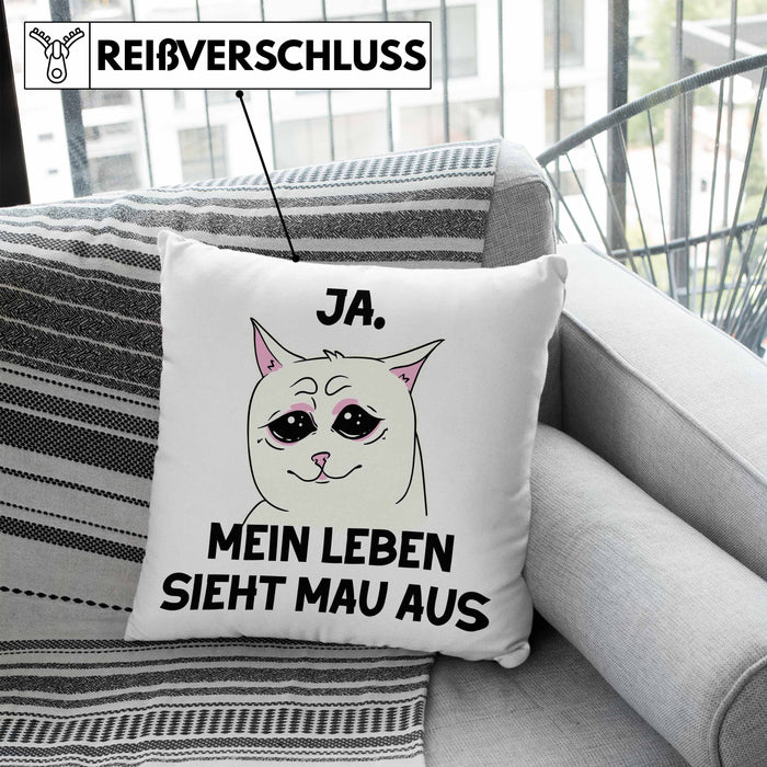 Dank Meme Kissen mit Füllung 40x40 Katzen Besitzer Wortspiel Ja Mein Leben Sieht Mau Aus Traurige Katze Geschenkidee (Grau) Blau Trendation