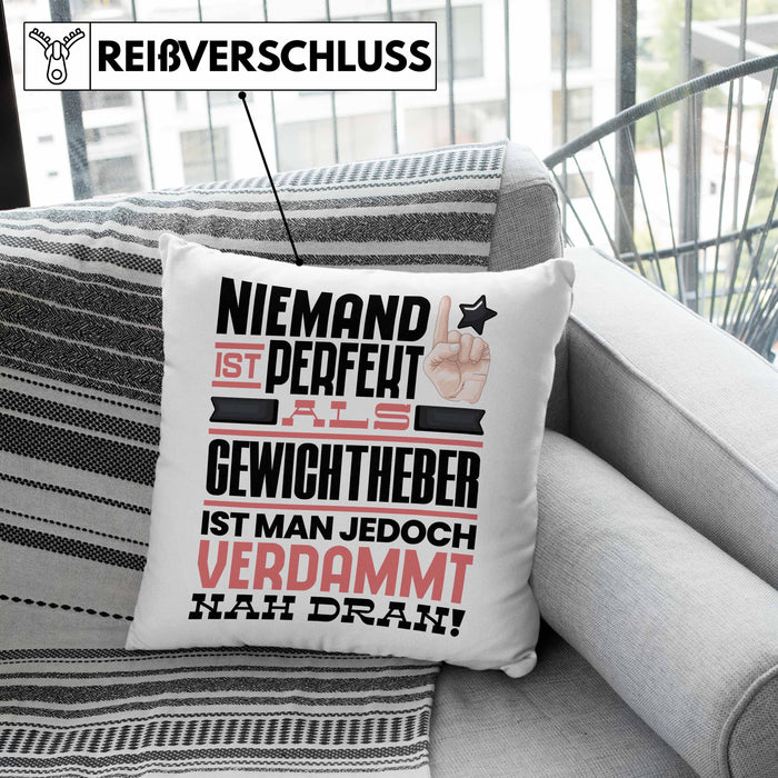 Gewichtheber Geschenk Kissen mit Füllung 40x40 Lustige Geschenkidee für Gewichtheber Geburtstag Niemand Ist Perfekt Aber Als Gewichtheber Ist Man Nah Dran (Grau) Grün Trendation