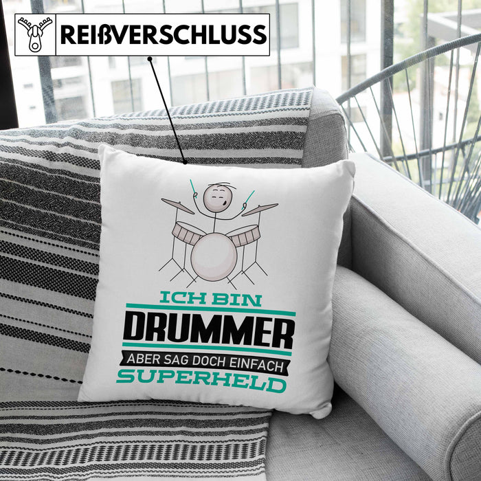 Drummer Geschenk Kissen mit Füllung 40x40 Ich Bin Drummer Aber Sag Doch Einfach Superheld Lustige Geschenkdiee für Drummer (Grau) Grün Trendation
