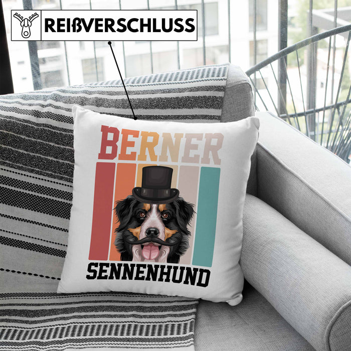 Berner Sennen Besitzer Kissen mit Füllung 40x40 Geschenk Lustiger Spruch Geschenkidee Retro Vinatge Berner Sennen (Grau) Blau Trendation