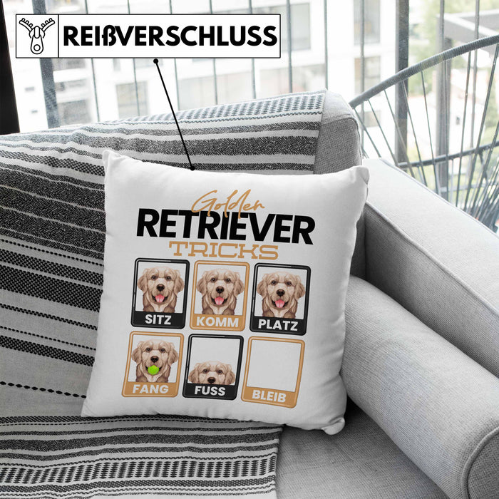 Golden Retriever Besitzer Kissen mit Füllung 40x40 Geschenk Lustiger Spruch Geschenkidee Golden Retriever Tricks Bleib (Grau) Blau Trendation