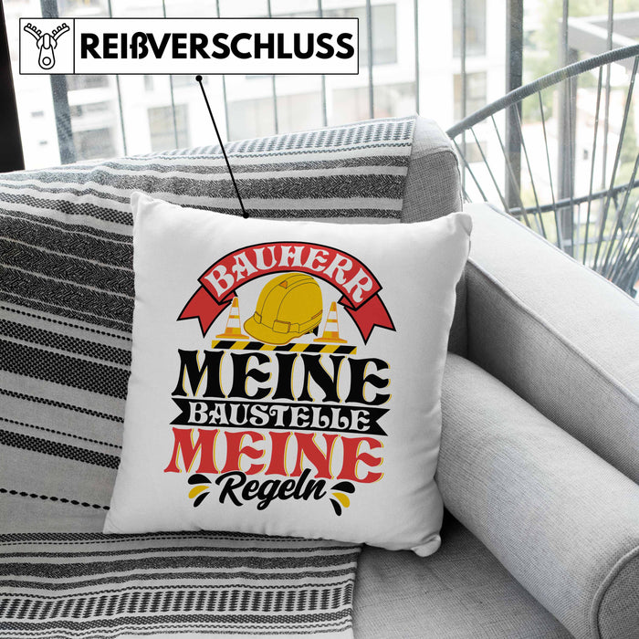 Bauherr Kissen mit Füllung 40x40 Geschenk Bauherr Meine Baustelle Meine Regeln (Grau) Grün Trendation