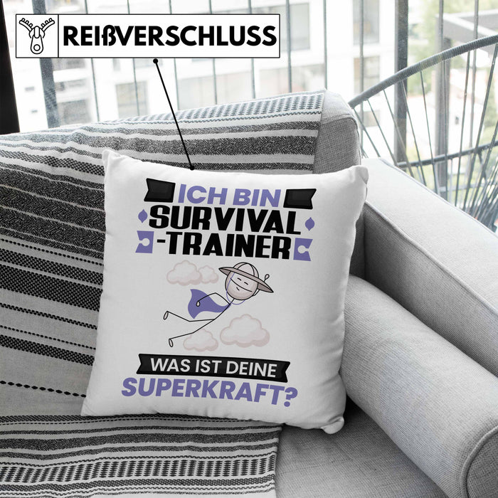 Survival-Trainer Kissen mit Füllung 40x40 Geschenk für Survival-Trainer Geburtstag Lustiger Spruch Was Ist Deine Superkraft (Grau) Blau Trendation