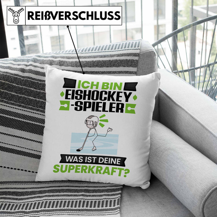 Eishockeyspieler Kissen mit Füllung 40x40 Geschenk für Eishockeyspieler Geburtstag Lustiger Spruch Was Ist Deine Superkraft (Grau) Blau Trendation