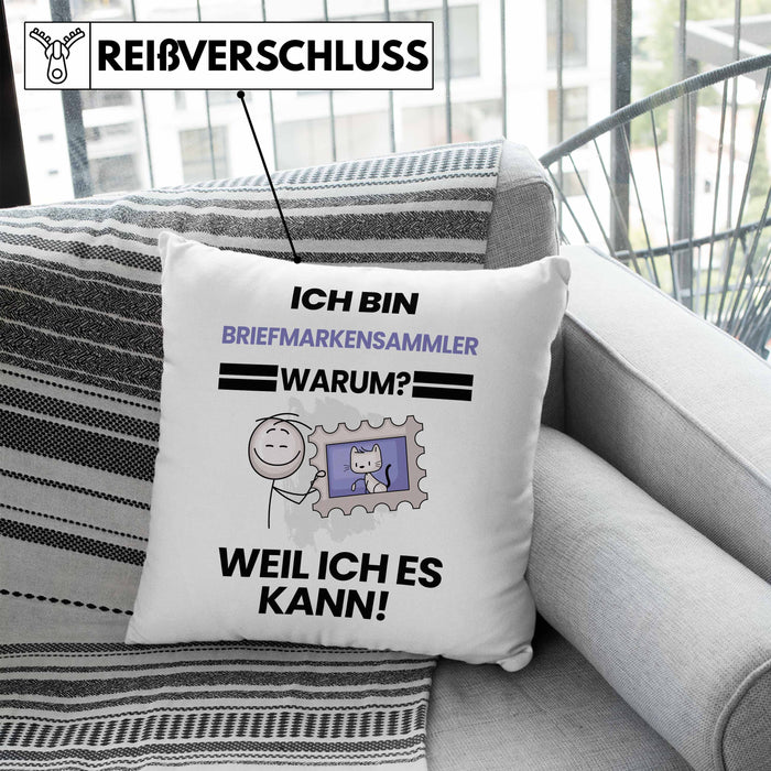 Briefmarkensammler Geschenk Kissen mit Füllung 40x40 Lustiger Spruch Ich Bin Briefmarkensammler Warum Weil Ich Es Kann Geschenkidee Bester Briefmarkensammler Geburtstag (Grau) Blau Trendation