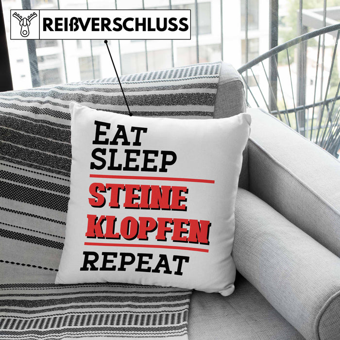 Steinmetz Kissen mit Füllung 40x40 Geschenk Spruch Geschenkidee Eat Sleep Steine Klopfen Repeat (Grau) Grün Trendation
