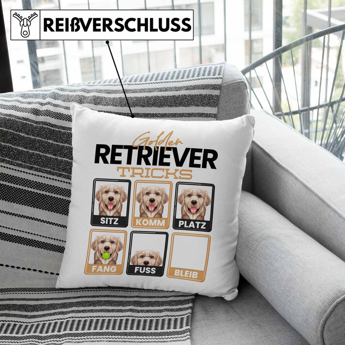 Golden Retriever Besitzer Kissen mit Füllung 40x40 Geschenk Lustiger Spruch Geschenkidee Golden Retriever Tricks Bleib (Grau) Grün Trendation