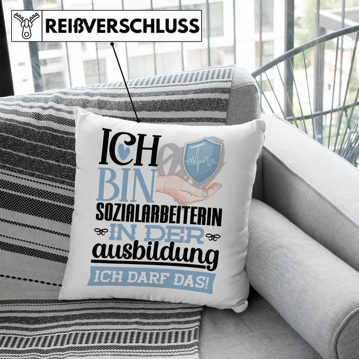 Sozialarbeiterin Ausbildung Start Geschenk Kissen mit Füllung 40x40 Ich Bin Sozialarbeiterin In Der Ausbildung Ich Darf Das Geschenkidee (Grau) Blau Trendation