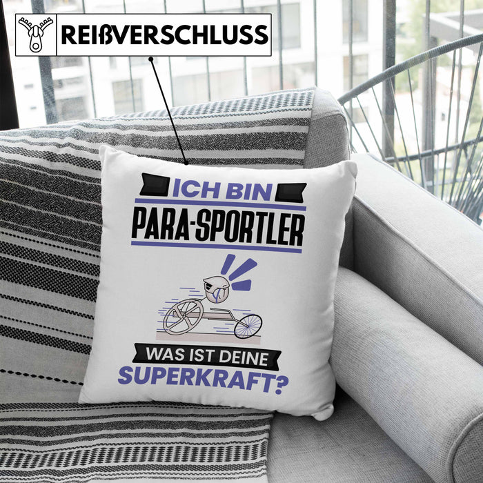 Para-Sportler Kissen mit Füllung 40x40 Geschenk für Para-Sportler Geburtstag Lustiger Spruch Was Ist Deine Superkraft (Grau) Blau Trendation