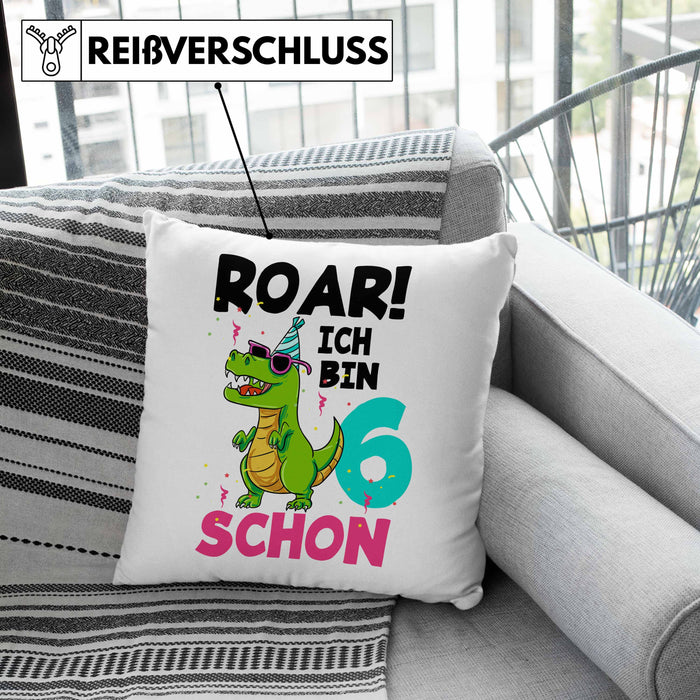 6. Geburtstag Kissen mit Füllung 40x40 Geschenk Lustiger Spruch Roar Ich Bin Schon 6 Dinosaurier Geschenkidee Geburtstag (Grau) Grün Trendation