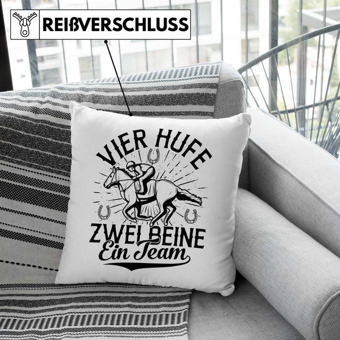 Reiterin Kissen mit Füllung 40x40 Spruch Geschenk Pferde-Liebhaberin Geschenkidee Mädchen Vier Hufe Zwei Beine Ein Team (Grau) Rosa Trendation