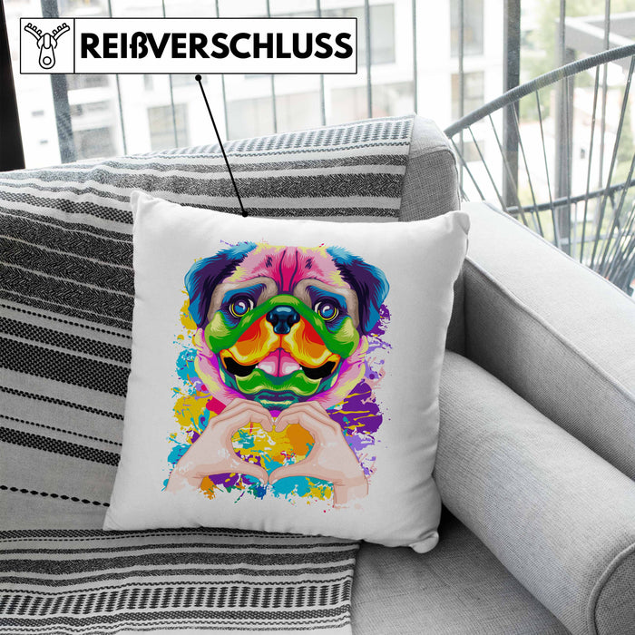 Mops Besitzer Farbe Love Kissen mit Füllung 40x40 Geschenk Lustiger Spruch Geschenkidee Mops Besitzerin (Grau) Blau Trendation