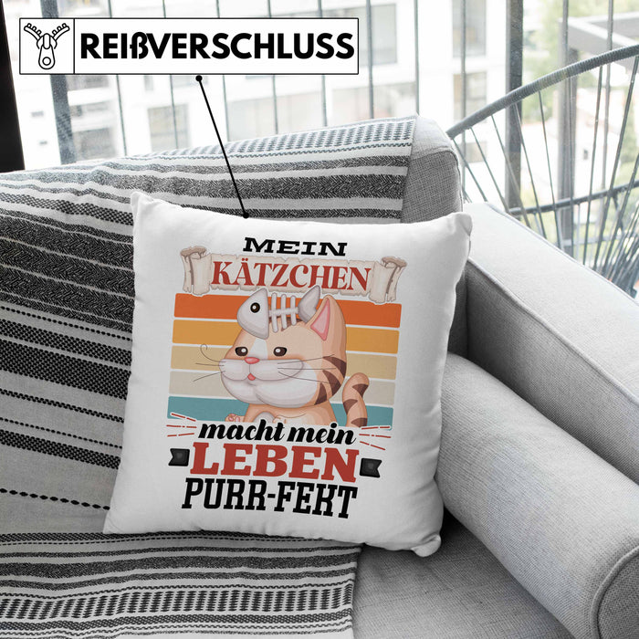 Katze Kissen mit Füllung 40x40 Geschenk Spruch Geschenkidee für Katzen-Mama Papa Katzenliebhaber Mein Kätzen Macht Mein Leben Purr-pekt (Grau) Grün Trendation