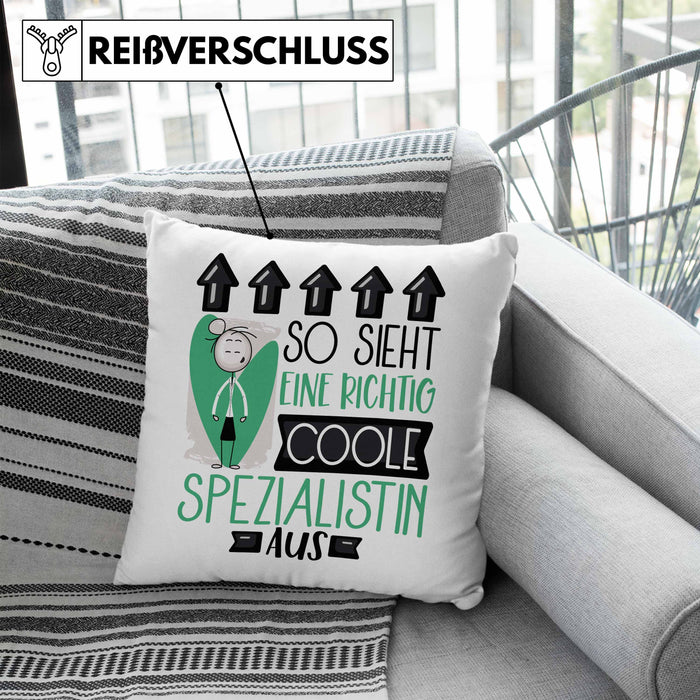 Spezialistin Geschenk Kissen mit Füllung 40x40 Lustig Geschenkidee für Spezialistin Geburtstag So Sieht Eine Richtig Coole Spezialistin Aus Frauen Spruch (Grau) Blau Trendation