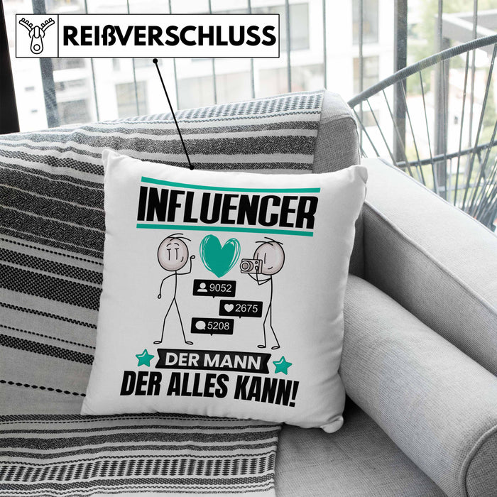 Influencer Kissen mit Füllung 40x40 Geschenk für Influencer Der Mann Der Alles Kann Geschenkidee zum Geburtstag (Grau) Blau Trendation