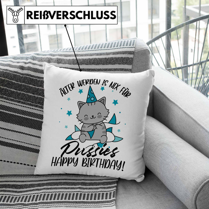 Geburtstag Kissen mit Füllung 40x40 Geschenk Lustiger Spruch Männer Frauen Älter Werden Ist Nichts Für Puss*** Happy Birthday (Grau) Blau Trendation