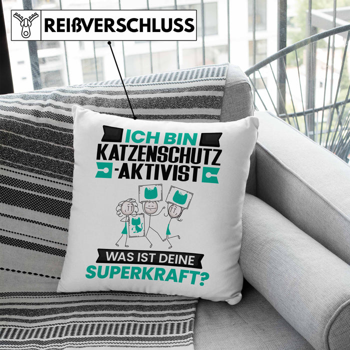 Katzenschutzaktivist Kissen mit Füllung 40x40 Geschenk für Katzenschutzaktivist Geburtstag Lustiger Spruch Was Ist Deine Superkraft (Grau) Blau Trendation