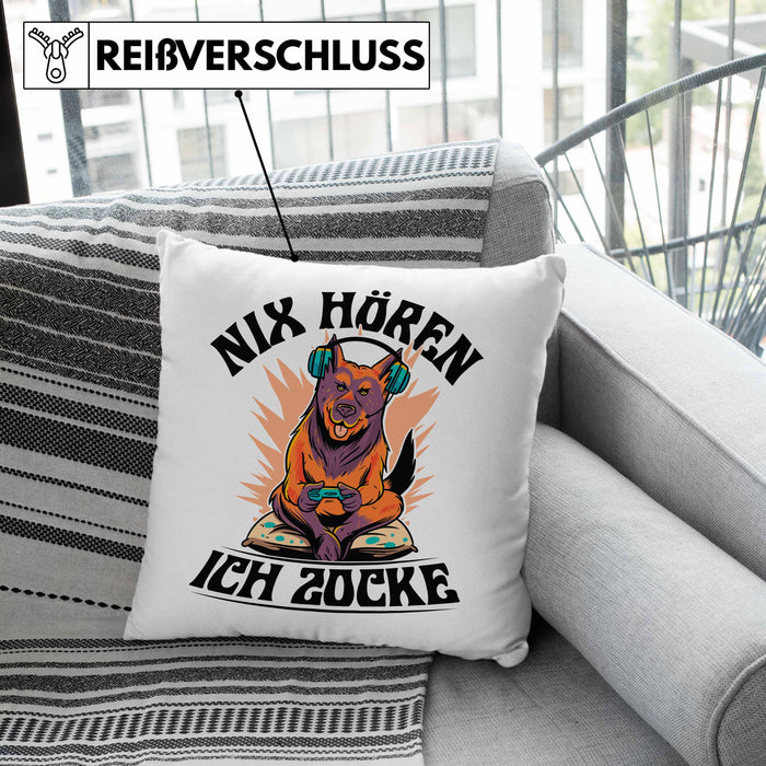 Zocker Geschenk Kissen mit Füllung 40x40 Nix Hören ich Zocke Jungs Jungen Geschenkidee zum Zocken (Grau) Grau Trendation