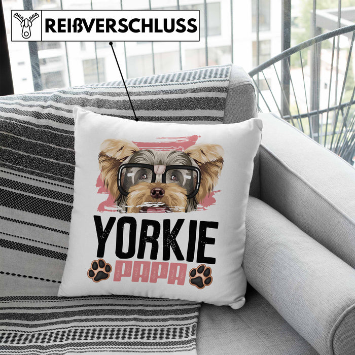 Yorkie Papa Besitzer Kissen mit Füllung 40x40 Geschenk Lustiger Spruch Geschenkidee Yorkie Liebhaber (Grau) Blau Trendation