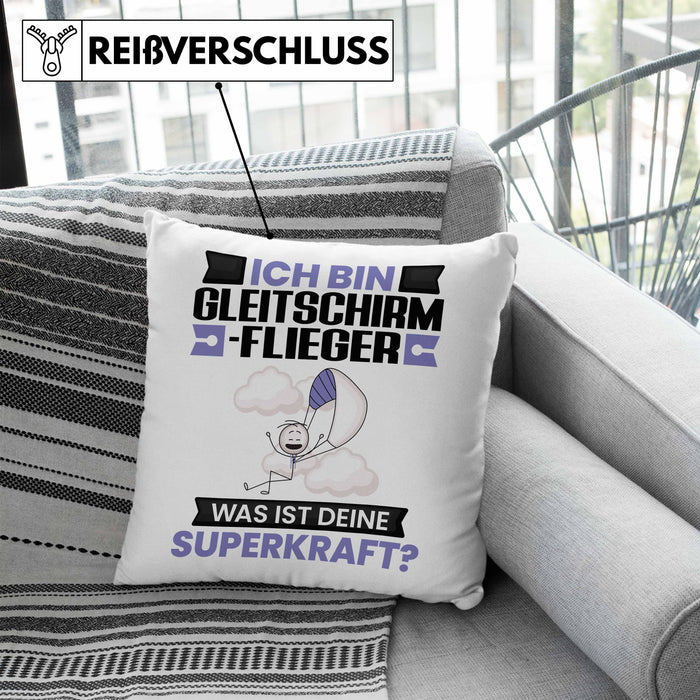 Gleitschirmflieger Kissen mit Füllung 40x40 Geschenk für Gleitschirmflieger Geburtstag Lustiger Spruch Was Ist Deine Superkraft (Grau) Blau Trendation