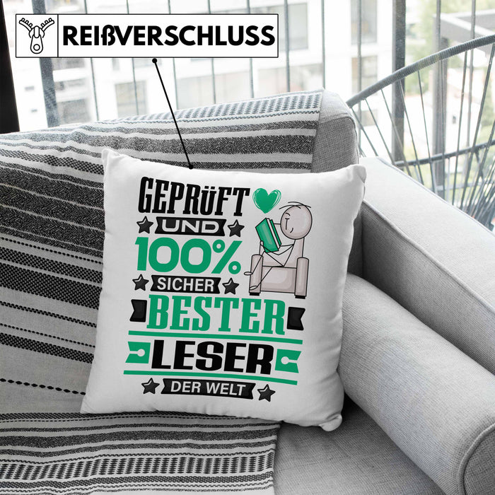 Leser Geschenk Lustiger Spruch für Leser Geschenkidee Bester Leser Der WeltKissen mit Füllung 40x40 (Grau) Blau Trendation