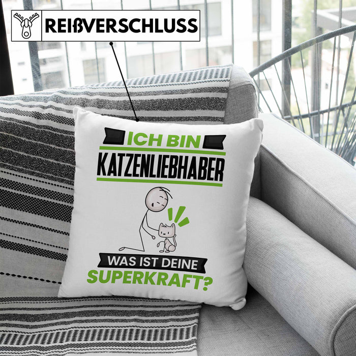 Katzenliebhaber Kissen mit Füllung 40x40 Geschenk für Katzenliebhaber Geburtstag Lustiger Spruch Was Ist Deine Superkraft (Grau) Blau Trendation
