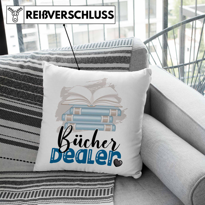 Bücher Dealer Kissen mit Füllung 40x40 Geschenk für Bücher-Verkäufer Bibliothek Geburtstag Spruch Geschenkidee Bester Bibliothek (Grau) Blau Trendation