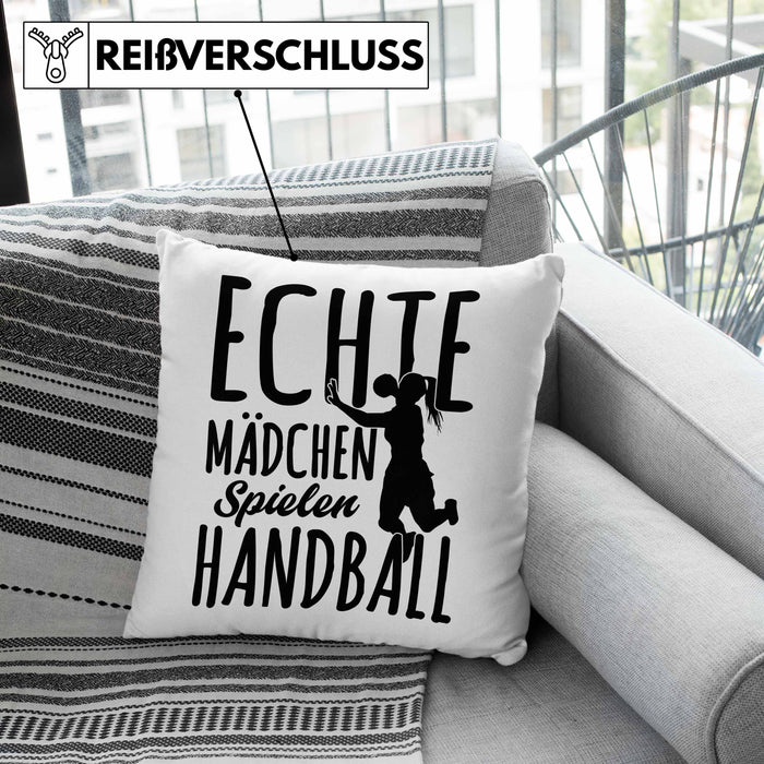 Mädchen Handball-Spielerin Kissen mit Füllung 40x40 Geschenk Spruch Echte Mädchen Spielen Handball Geschenkidee Frauen (Grau) Grün Trendation