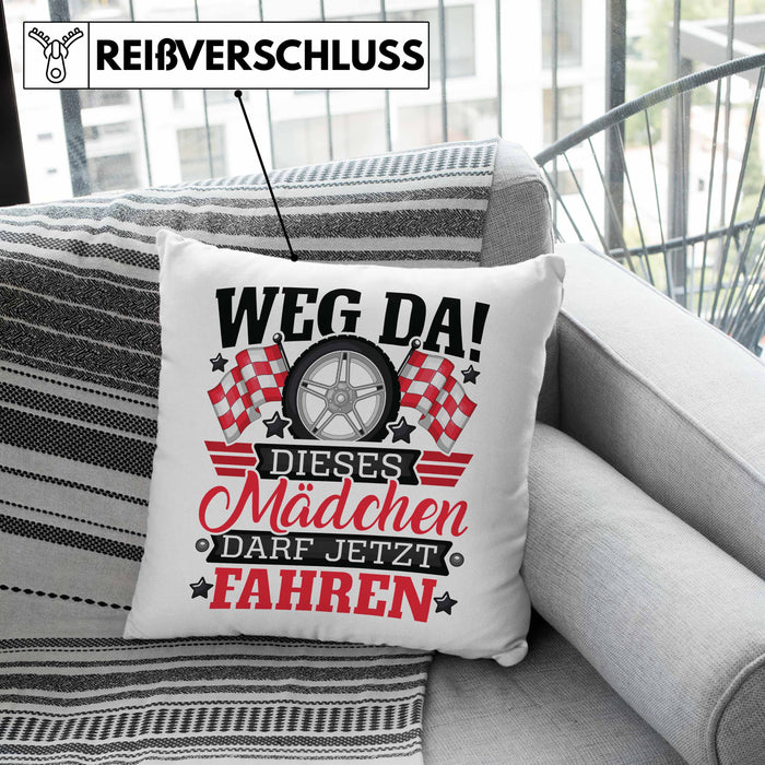 Führerschein Bestanden Geschenk Kissen mit Füllung 40x40 Bestandener Führerschein Weg Da Dieses Mädchen Darf Jetzt Fahren Motorrad Fahrschule (Grau) Rosa Trendation