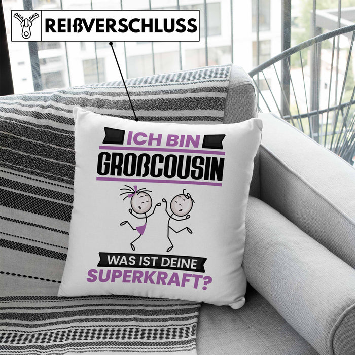 Großcousin Kissen mit Füllung 40x40 Geschenk für Großcousin Geburtstag Lustiger Spruch Was Ist Deine Superkraft (Grau) Blau Trendation