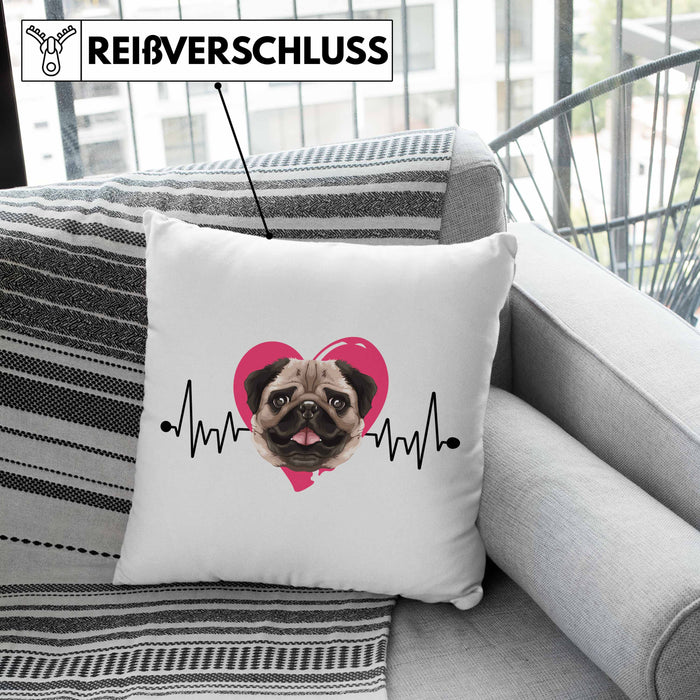 Mops Besitzer Kissen mit Füllung 40x40 Geschenk Lustiger Spruch Geschenkidee Herzschlag Mops (Grau) Grün Trendation