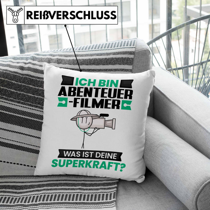 Abenteuerfilmer Kissen mit Füllung 40x40 Geschenk für Abenteuerfilmer Geburtstag Lustiger Spruch Was Ist Deine Superkraft (Grau) Grau Trendation