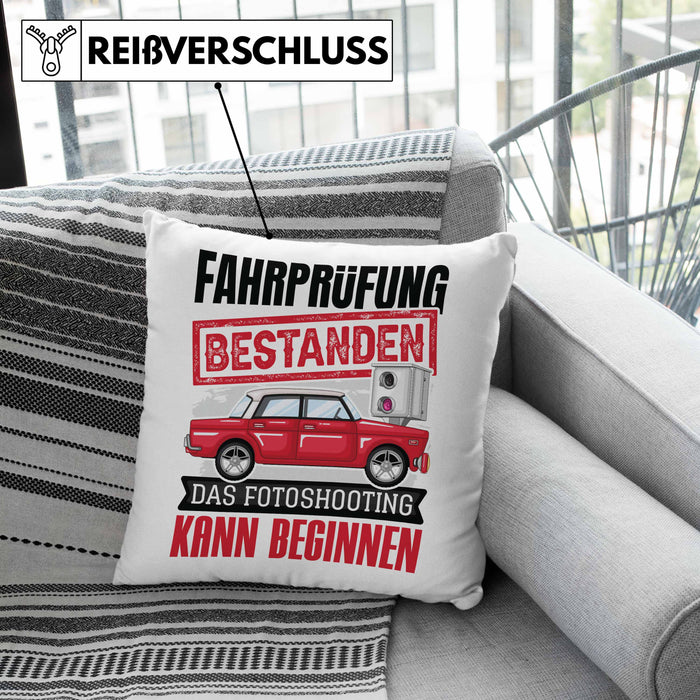 Führerschein Bestanden Geschenk Kissen mit Füllung 40x40 Bestandener Führerschein Das Fotoshooting Kann Beginnen Fahrschule (Grau) Rosa Trendation