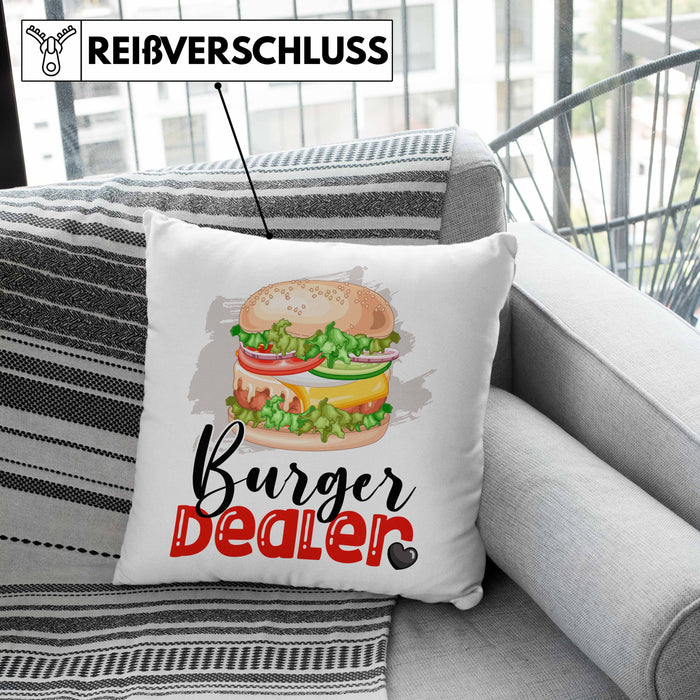 Burger Dealer Kissen mit Füllung 40x40 Geschenk für Besten Burgerverkäufer Geburtstag Spruch Geschenkidee (Grau) Grün Trendation