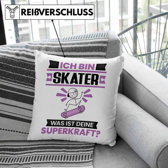 Skater Kissen mit Füllung 40x40 Geschenk für Skater Geburtstag Lustiger Spruch Was Ist Deine Superkraft (Grau) Rosa Trendation