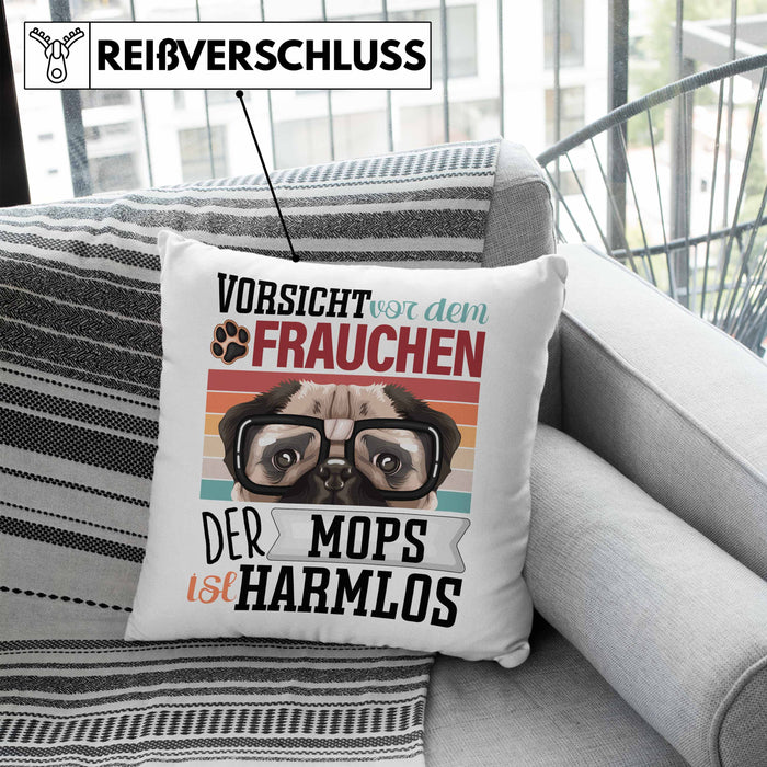 Mops Besitzerin Frauchen Kissen mit Füllung 40x40 Geschenk Lustiger Spruch Geschenkidee Vorsicht Vor Dem Frauchen (Grau) Blau Trendation