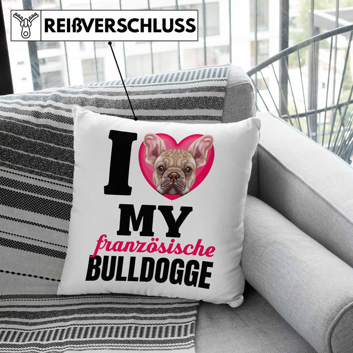 Französische Bulldogge Besitzerin Kissen mit Füllung 40x40 Geschenk Lustiger Spruch Geschenkidee I Love My Französische Bulldogge (Grau) Grau Trendation