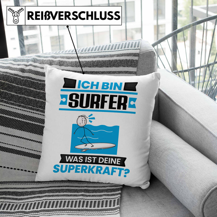 Surfer Kissen mit Füllung 40x40 Geschenk für Surfer Geburtstag Lustiger Spruch Was Ist Deine Superkraft (Grau) Grün Trendation