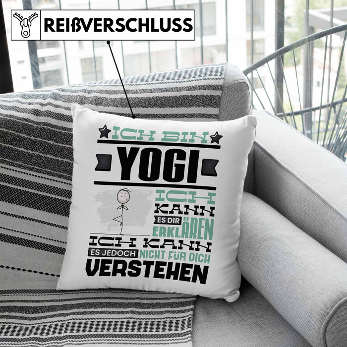 Yogi Geschenk Kaffee-Kissen mit Füllung 40x40 Geschenkidee für Yogi Ich Bin Yogi Ich Kann Es Dir Erklären Jedoch Nicht Für Dich Verstehen Spruch Lustig (Grau) Blau Trendation