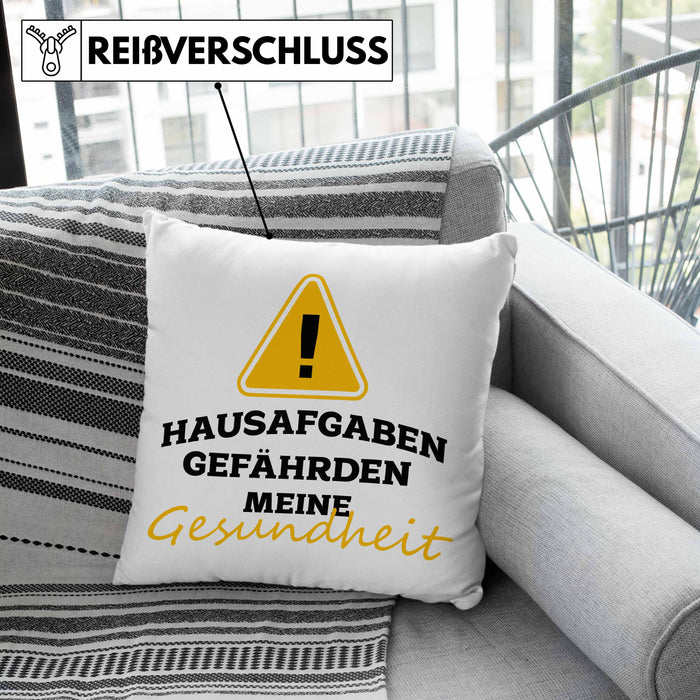 Lustige Kissen mit Füllung 40x40 "Hausaufgaben gefährden meine Gesundheit" Geschenk für Schüler (Grau) Grün Trendation