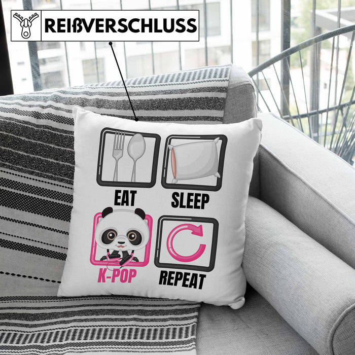 Eat Sleep K-Pop Kissen mit Füllung 40x40 Geschenk Koreanische Musik Kpop Geschenkidee Spruch (Grau) Grau Trendation