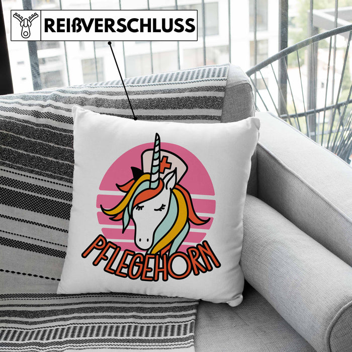Lustige Pflege Geschenkidee für Pflegerinnen Kissen mit Füllung 40x40 Einhorn "Pflegehorn" Spruch (Grau) Grün Trendation
