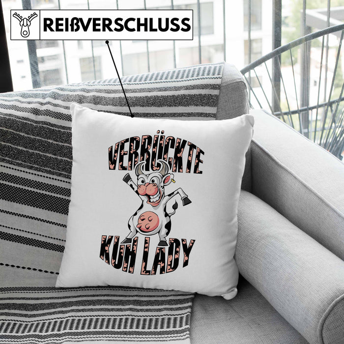 Lustige Kissen mit Füllung 40x40 Geschenk Frauen "Verrückte Kuhlady" Bauernhof Bäuerin (Grau) Grau Trendation