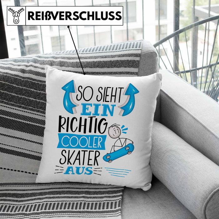 Skater Kissen mit Füllung 40x40 Geschenk So Sieht Ein Richtig Cooler Skater Aus Geschenkidee Spruch Lustig (Grau) Blau Trendation