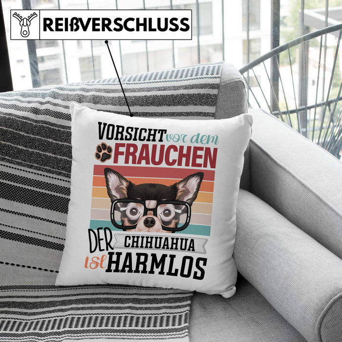 Chihuahua Besitzerin Frauchen Kissen mit Füllung 40x40 Geschenk Lustiger Spruch Geschenkidee Vorsicht Vor Dem Frauchen (Grau) Grau Trendation
